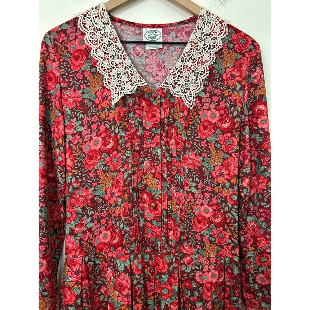 Laura Ashley Vintage Floral Lace Collar Midi Dress Red Wool Blend Sie 4 - Picture 5 of 11